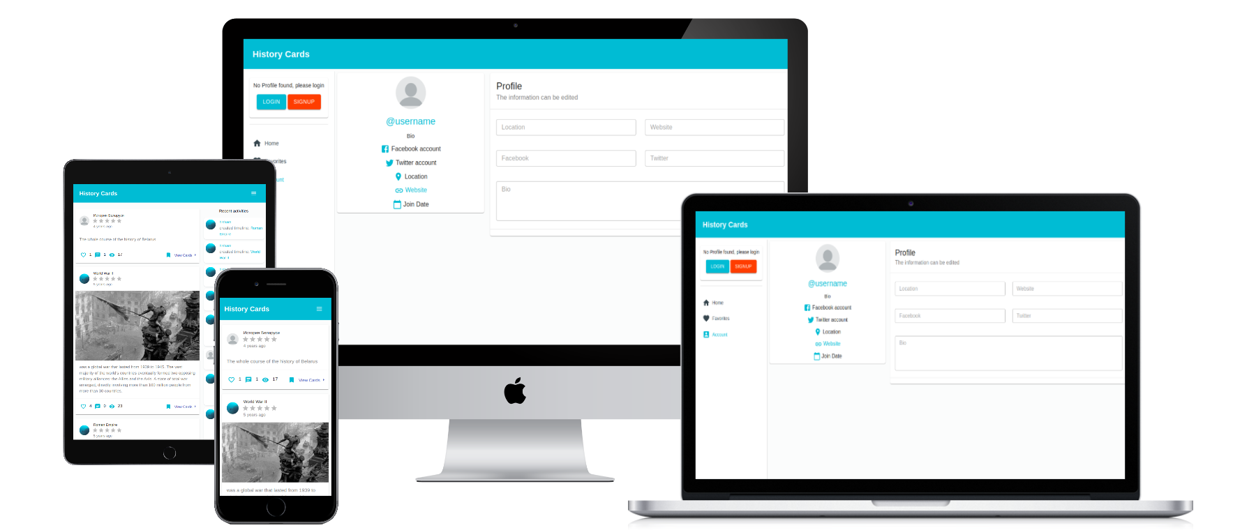 Screenshot of the History Cards application showing a timeline view
